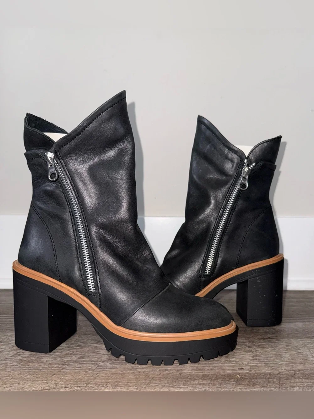 Free People Black Leather Zip Platform Ankle Boots with Tan Trim